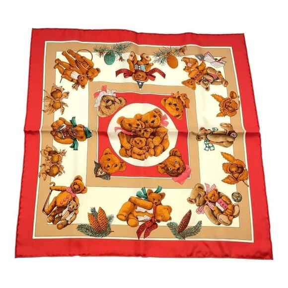 HERMES Vintage Carré 40cm 16” Teddy Bear Red Multicolor Silk Scarf W/Box NWT - Picture 13 of 15